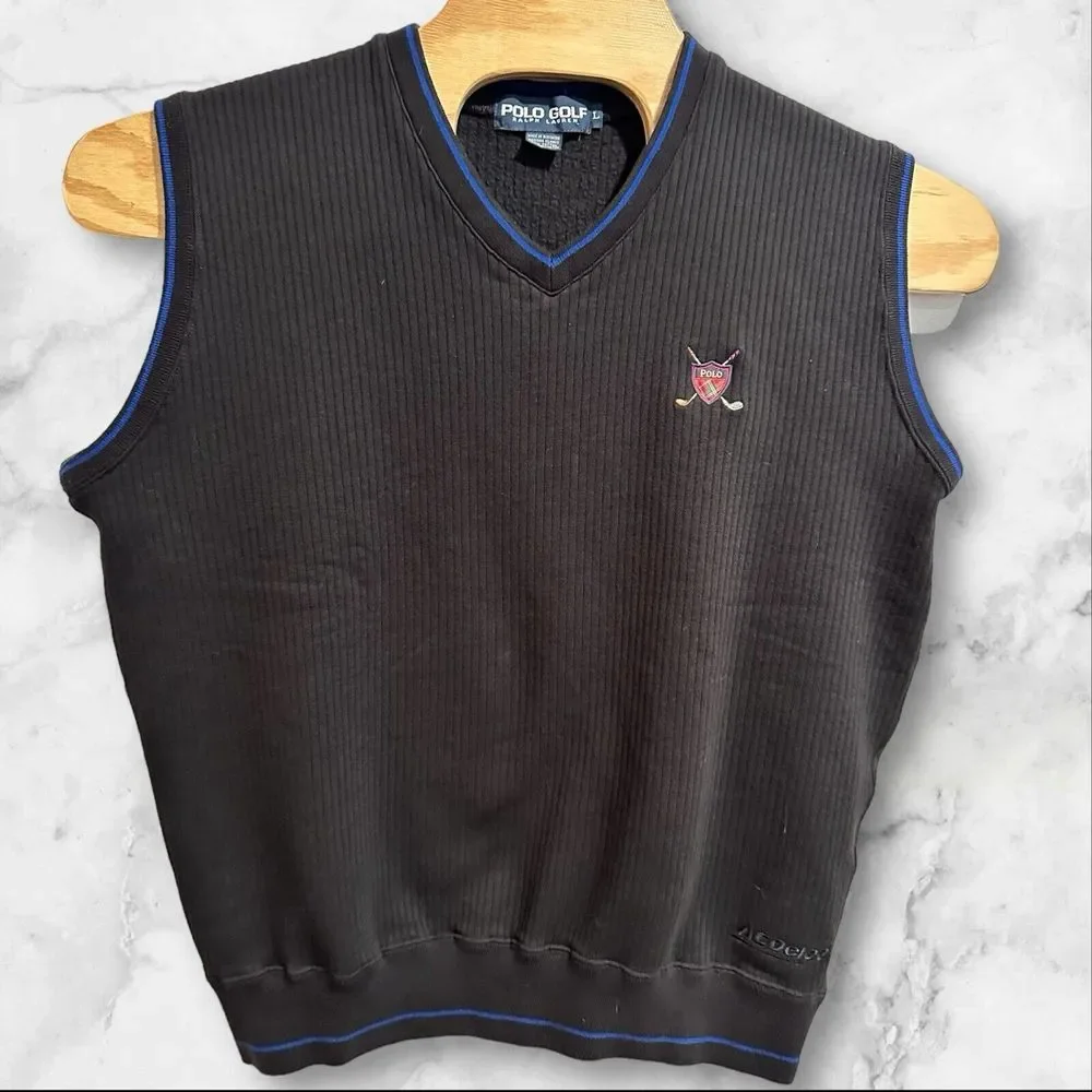 VTG Polo Golf ‎ Sweater Vest Mens Large Black Pullover V-Neck Golf